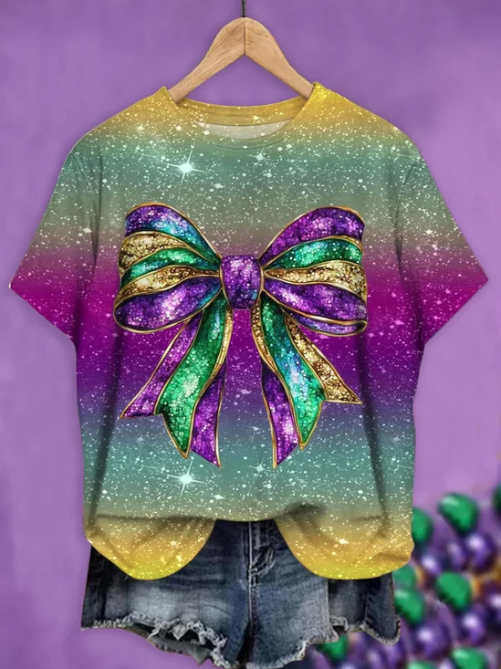 Mardi Gras Casual Ombre Crew Neck Short Sleeve T-shirt