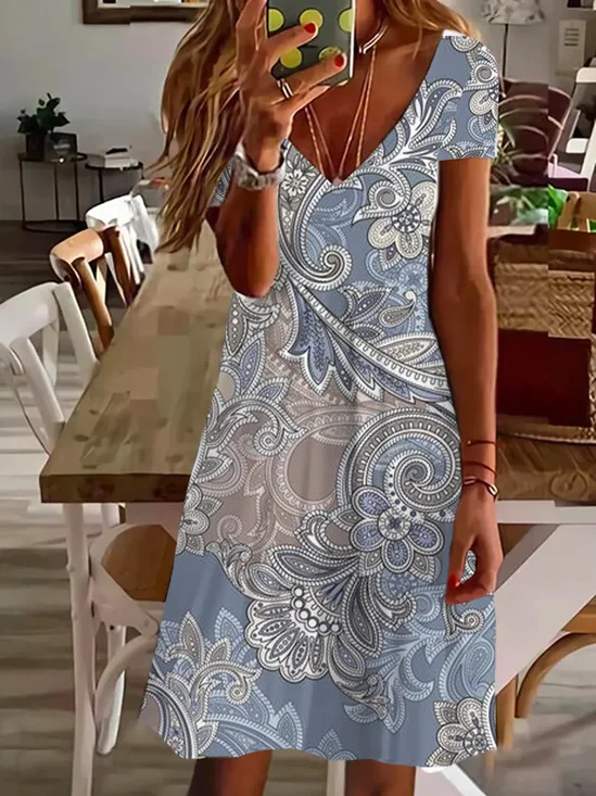 Women Floral V Neck Short Sleeve Comfy Casual Printing Knee Length Dress