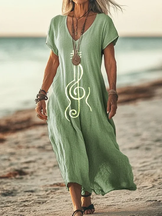Women Music V Neck Short Sleeve Comfy Casual Printing Maxi Dress