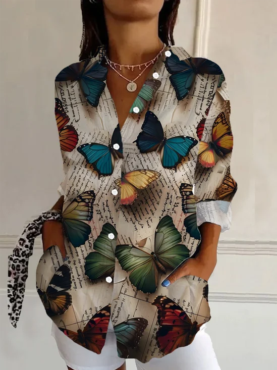 Shirt Collar Long Sleeve Butterfly Buckle Regular Loose Button Up Shirt Shirt For Women