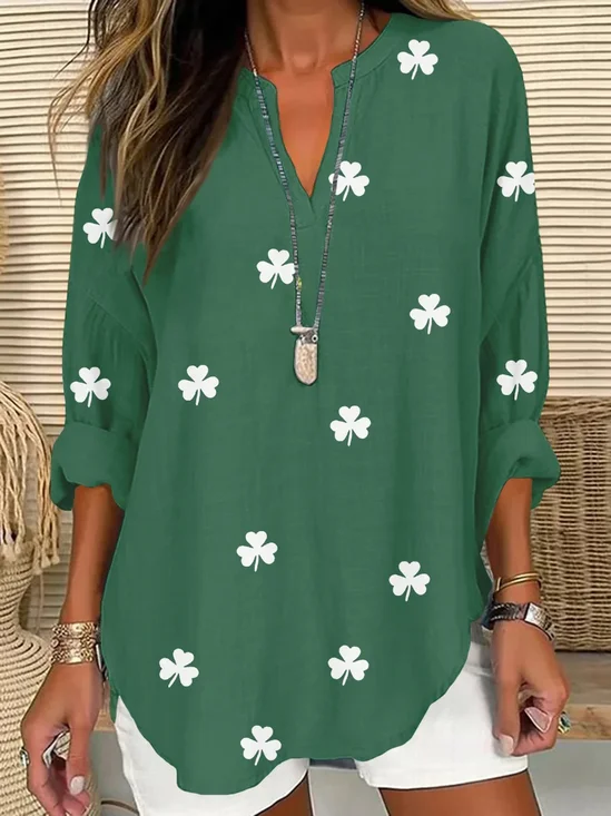 St. Patrick's Day V Neck Long Sleeve Shamrock Regular Loose Shirt For Women