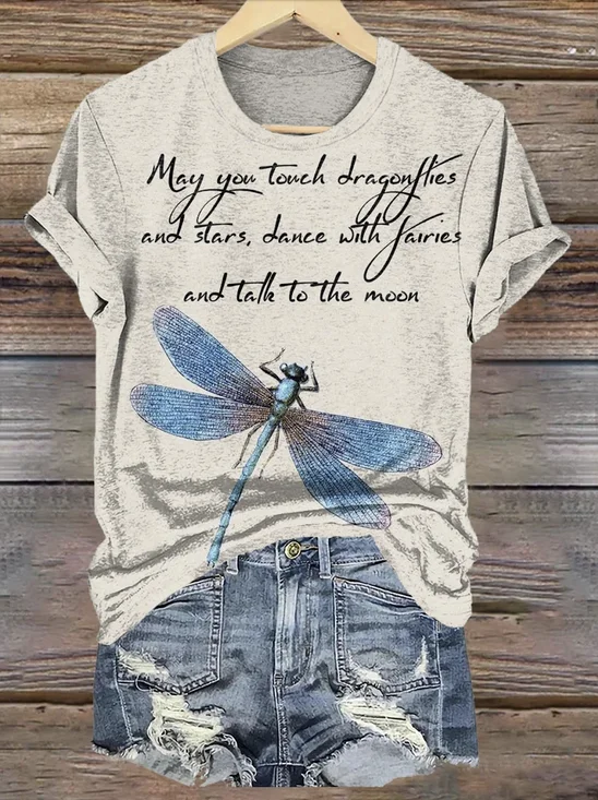 Casual Dragonfly Pattern Crew Neck Short Sleeve T-shirt
