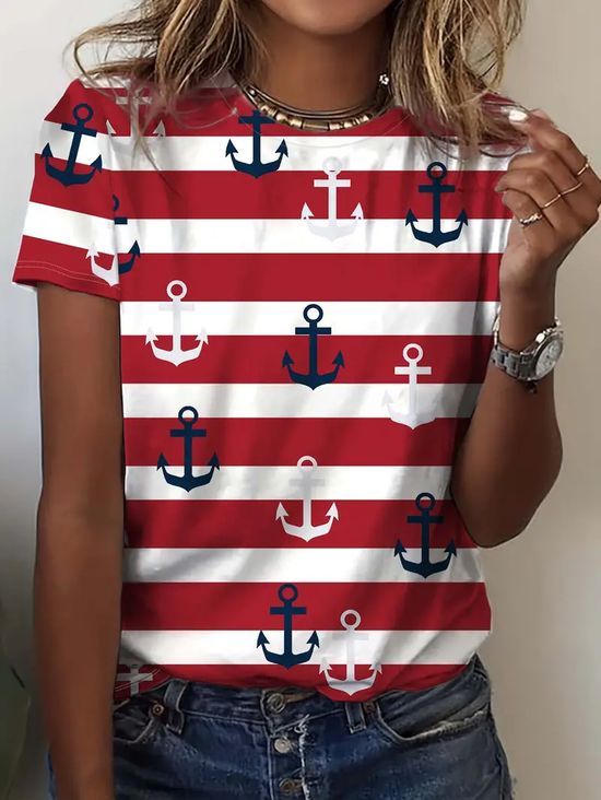 Casual Striped Crew Neck Short Sleeve T-shirt