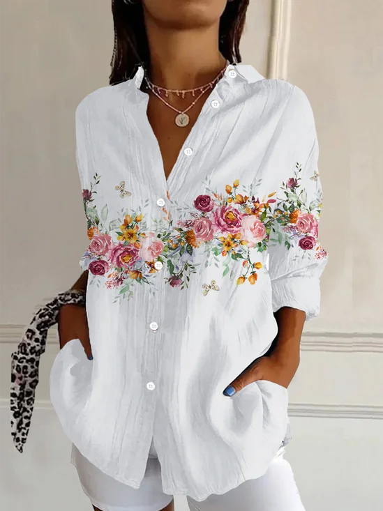 Shirt Collar Long Sleeve Floral Buckle Regular Loose Button Up Shirt Shirt For Women