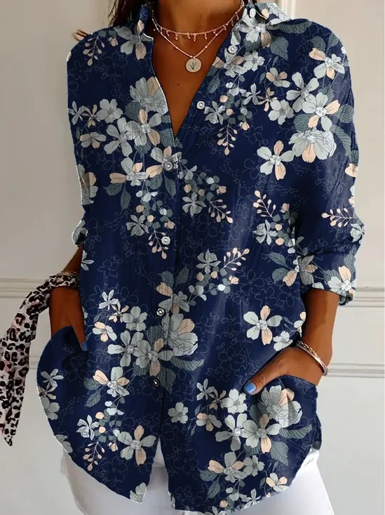 Shirt Collar Long Sleeve Floral Lightweight Regular Fit Shirt For Women