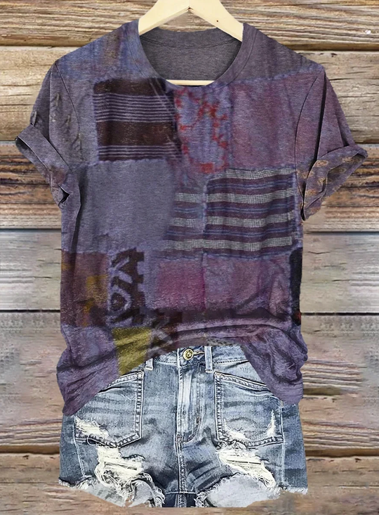 Vintage Color Block Art Print Crew Neck Short Sleeve T-shirt