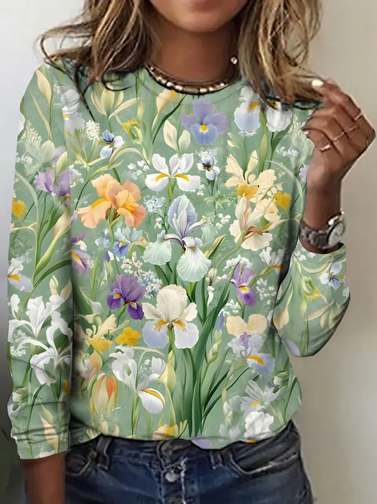 Casual Floral Crew Neck Long Sleeve T-shirt