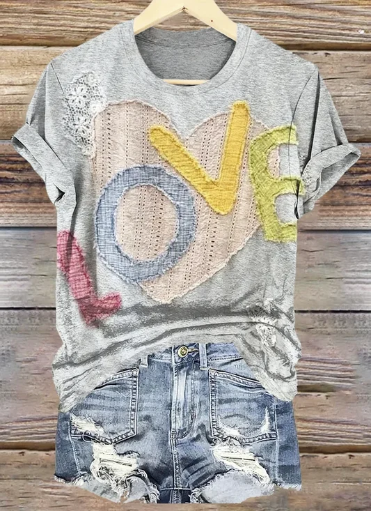Vintage Love Heart Print Crew Neck Short Sleeve T-shirt