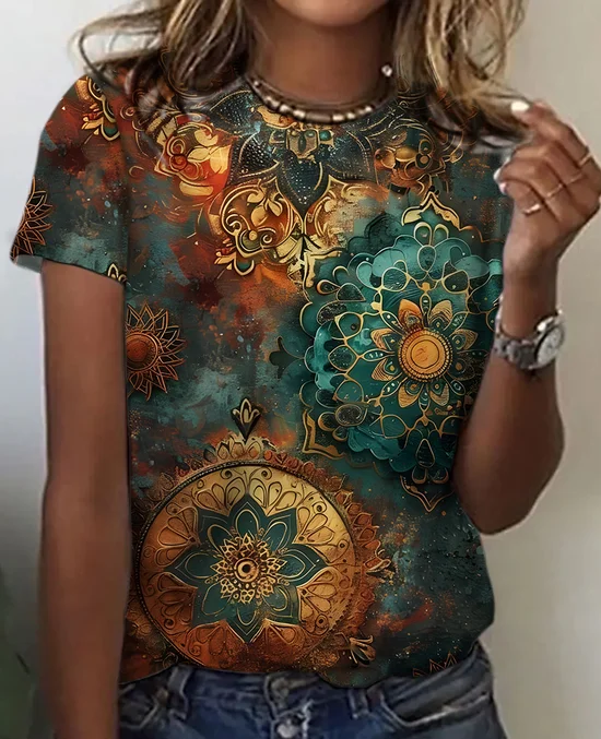 Casual Abstract Crew Neck Short Sleeve T-shirt