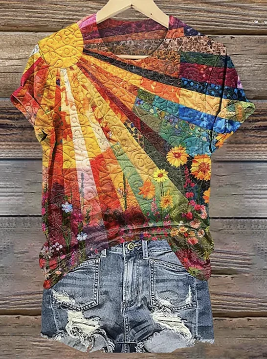 Vintage Geometric Crew Neck Short Sleeve T-shirt