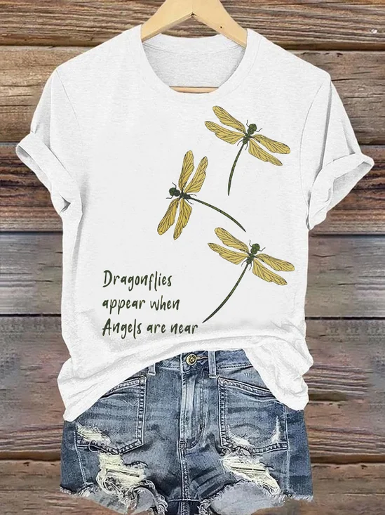 Casual Dragonfly Pattern Crew Neck Short Sleeve T-shirt