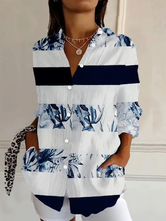 Shirt Collar Long Sleeve Striped Buckle Regular Loose Button Up Shirt Shirt For Women