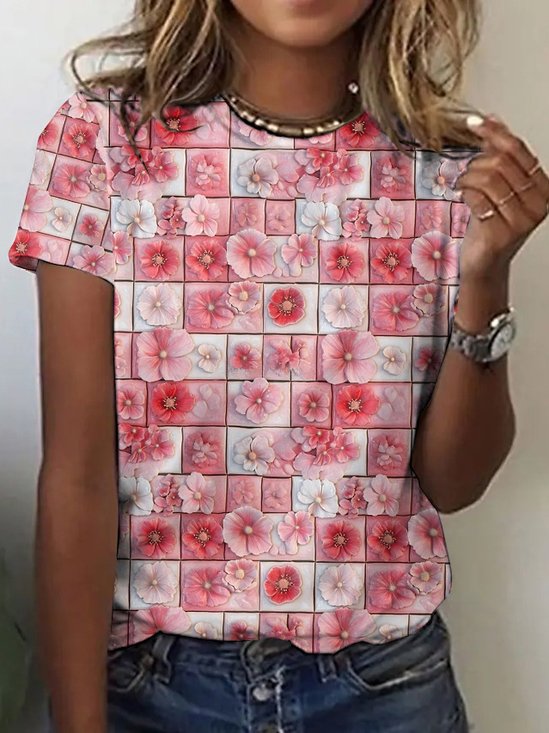 Casual Spring Floral Crew Neck Short Sleeve T-shirt