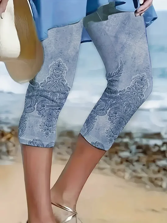 Casual Floral Capris Elastic Waist Printing Pants