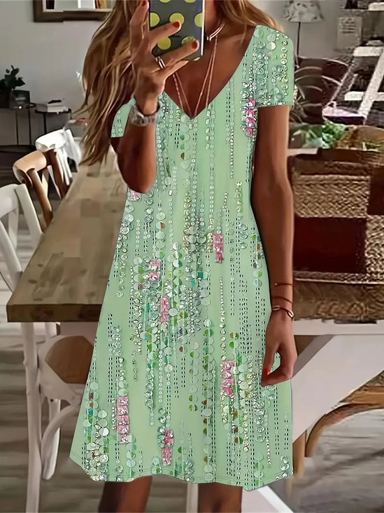 Women Floral V Neck Short Sleeve Comfy Casual Printing Knee Length Dress