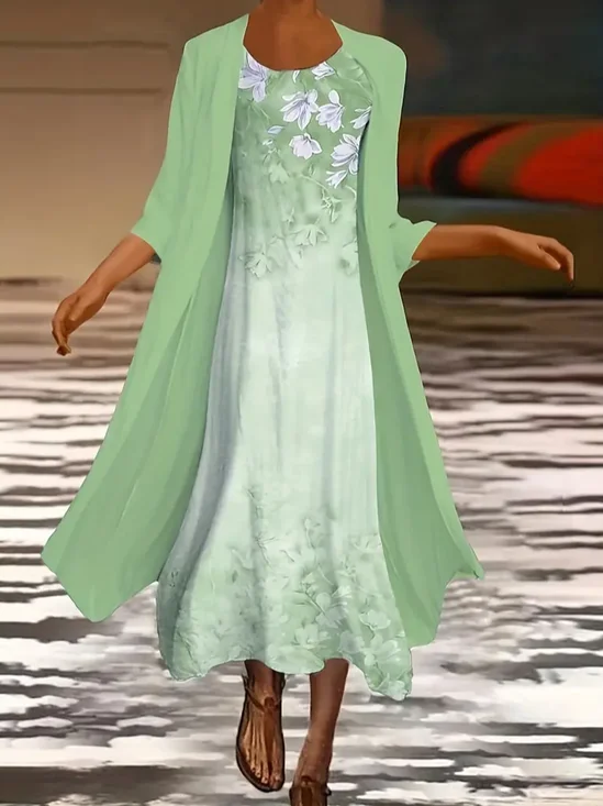 Women Floral Crew Neck Three Quarter Sleeve Comfy Casual Printing Coat With Dress Two-Piece Set