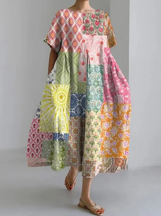 Women Floral Crew Neck Short Sleeve Comfy Casual Maxi Dress