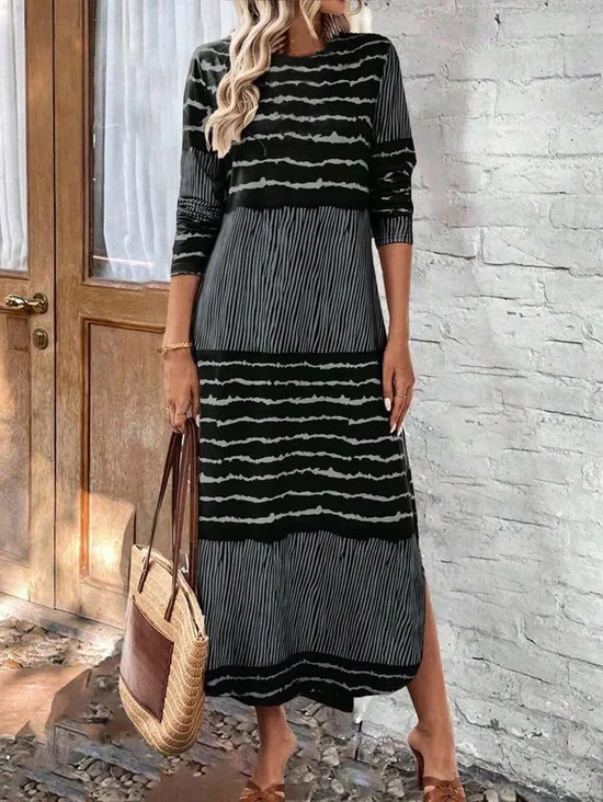 Women Striped Spring/Fall Dress Crew Neck Long Sleeve T-Shirt Dress H-Line Dress