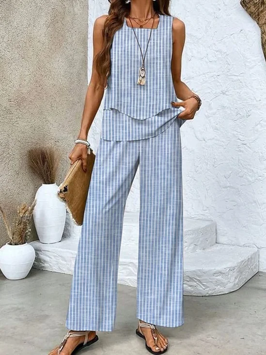 Women Striped Crew Neck Sleeveless Comfy Casual Top With Pants Two-Piece Set