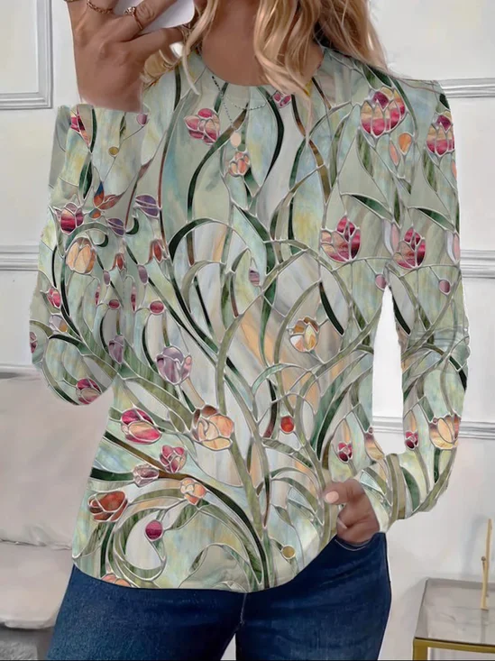 Casual Floral Crew Neck Long Sleeve T-shirt