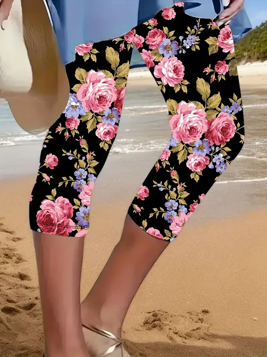 Women Floral Capris Elastic Waist Pants Casual Summer Trousers