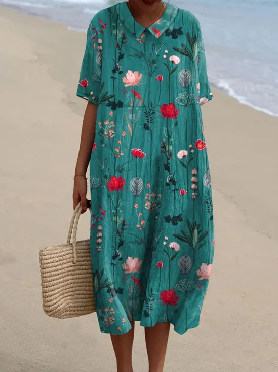 Women Floral Crew Neck Half Sleeve Comfy Casual Maxi Dress