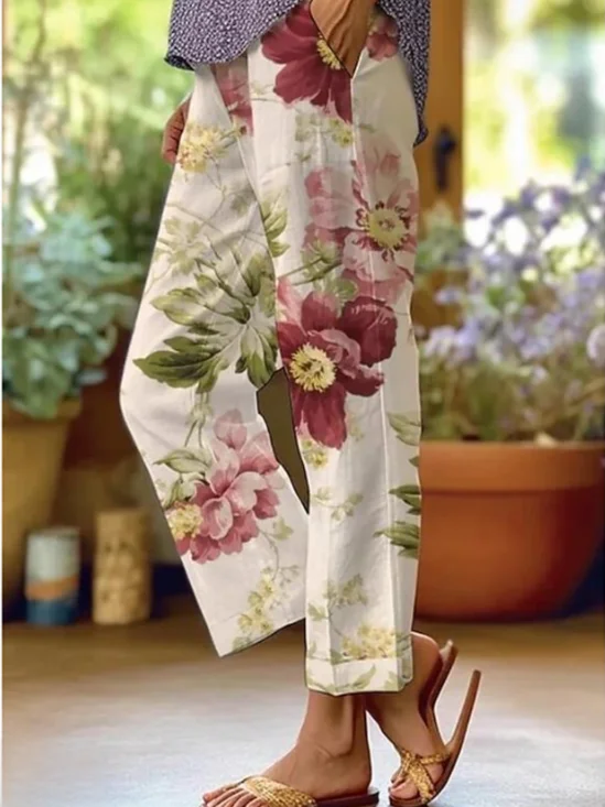 Casual Floral Print Daily H-Line Vintage Linen Pants