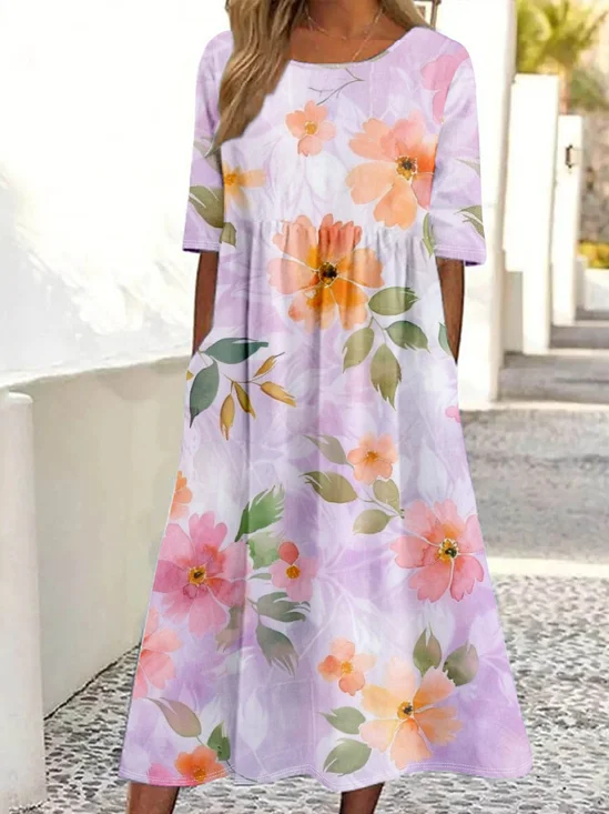 Women Floral Crew Neck Half Sleeve Comfy Casual Maxi Dress
