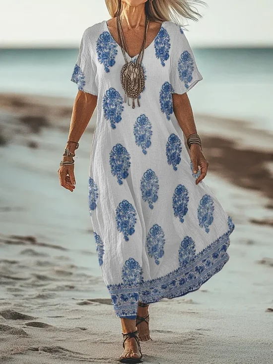 Women Floral V Neck Short Sleeve Comfy Vintage Maxi Dress