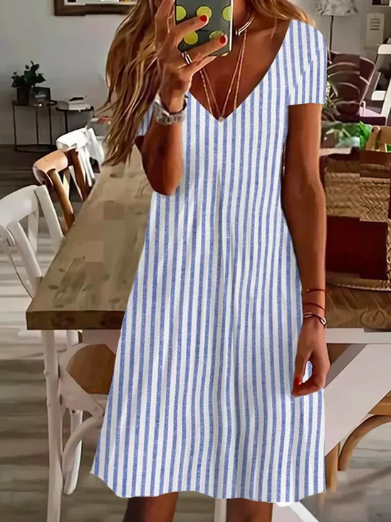 Women Striped V Neck Short Sleeve Comfy Casual Printing Knee Length Dress