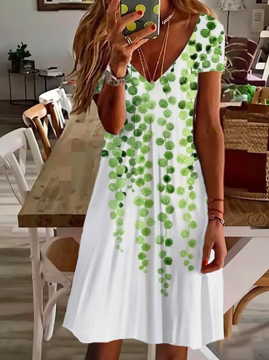 Women Floral V Neck Short Sleeve Comfy Casual Printing Knee Length Dress