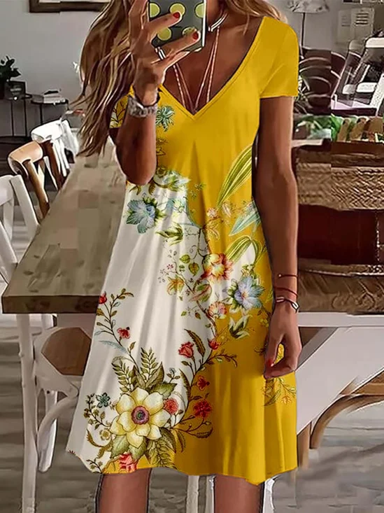 Women Floral V Neck Short Sleeve Comfy Vintage Knee Length Dress