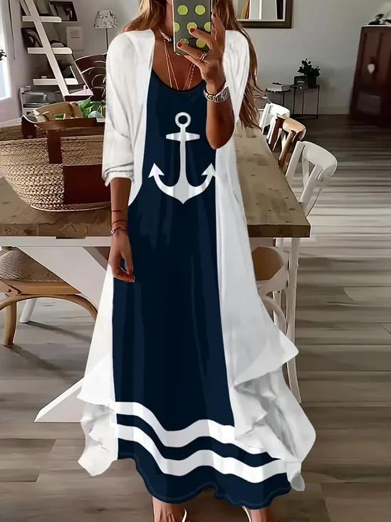 Women Anchor Crew Neck Three Quarter Sleeve Comfy Casual Printing Dress With Coat Two-Piece Set