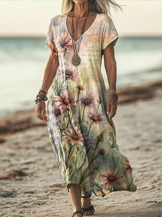 Women Floral V Neck Short Sleeve Comfy Casual Maxi Dress