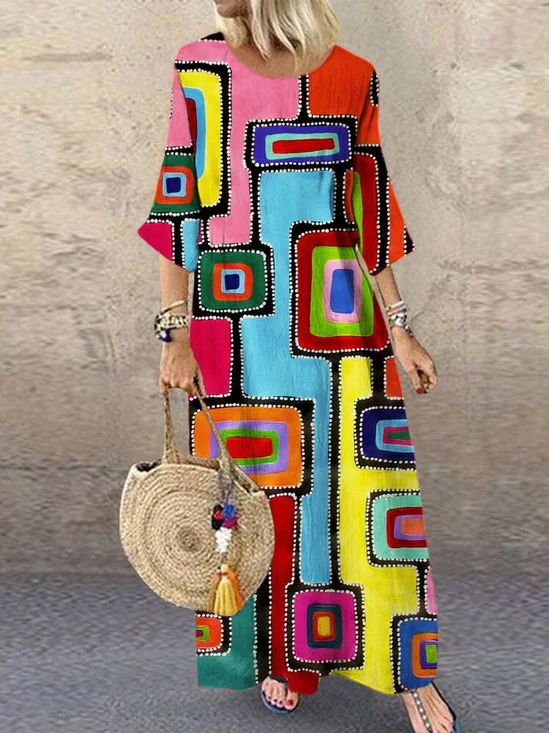 Women Geometric Crew Neck Short Sleeve Comfy Vintage Maxi Dress