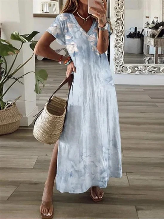 Women Floral V Neck Short Sleeve Comfy Casual Printing Maxi Dress