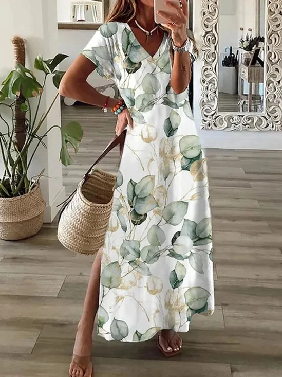 Women Floral V Neck Short Sleeve Comfy Casual Printing Maxi Dress