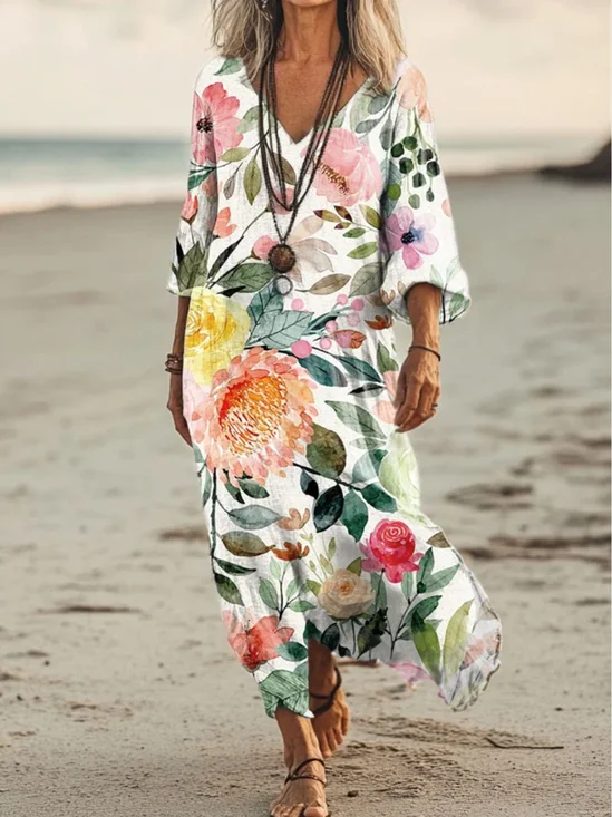 Women Floral V Neck Short Sleeve Comfy Vintage Maxi Dress