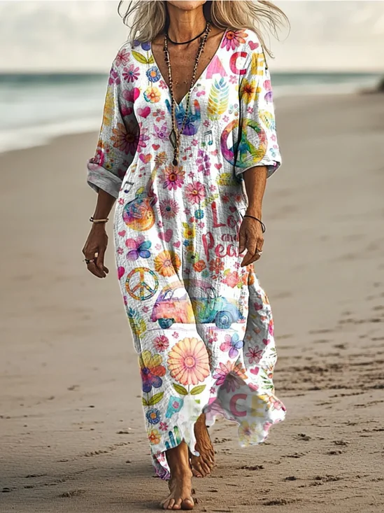 Women Sundress Vintage Floral V Neck Short Sleeve Comfy Maxi Dress