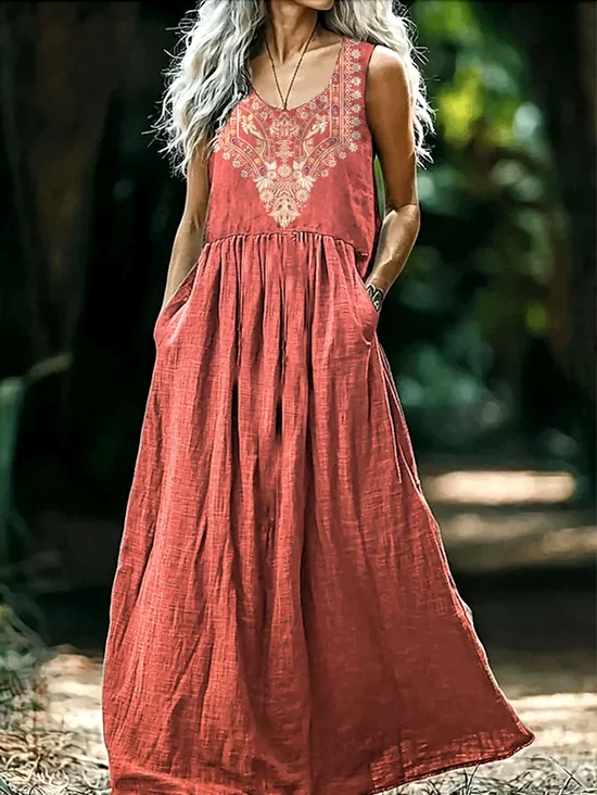 Women Floral V Neck Sleeveless Comfy Casual Maxi Dress