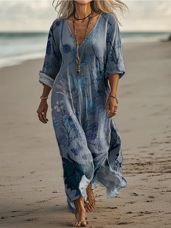 Women Floral V Neck Short Sleeve Comfy Vintage Maxi Dress
