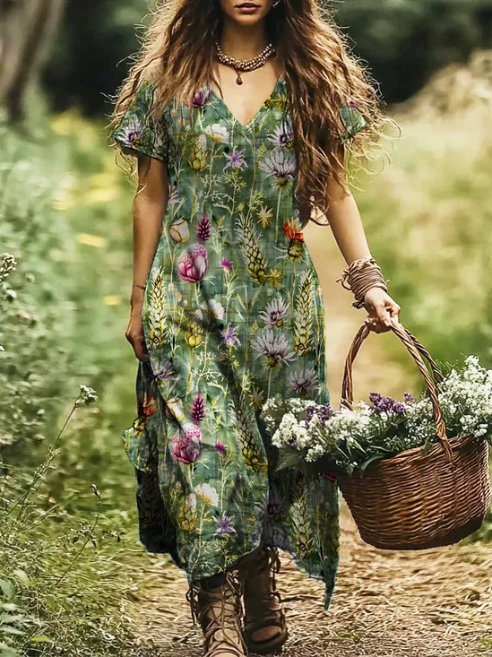 Women Floral V Neck Short Sleeve Comfy Casual Maxi Dress