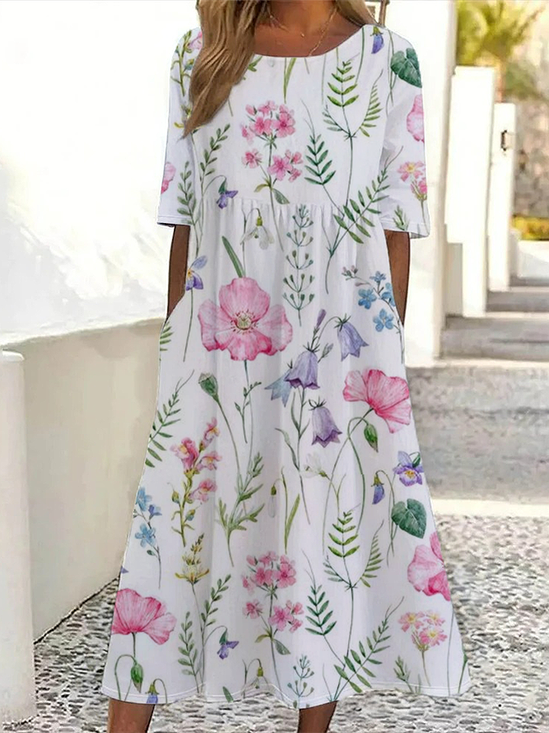 Women Floral Summer Printing Dress Crew Neck Short Sleeve Shift Dress H-Line Dress