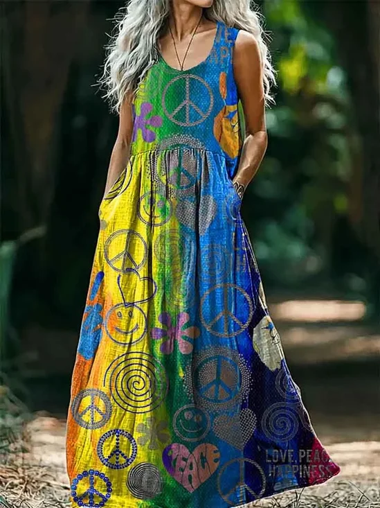 Women Geometric V Neck Sleeveless Comfy Vintage Maxi Dress