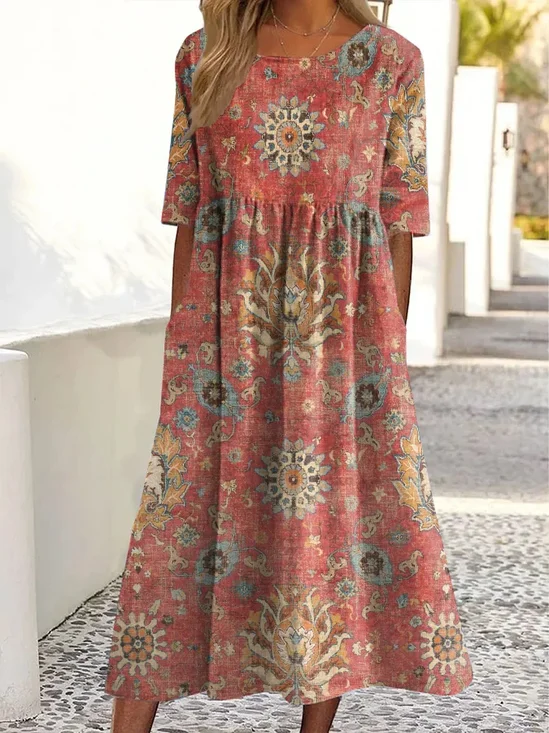 Women Floral Summer Printing Dress Crew Neck Short Sleeve Shift Dress H-Line Dress