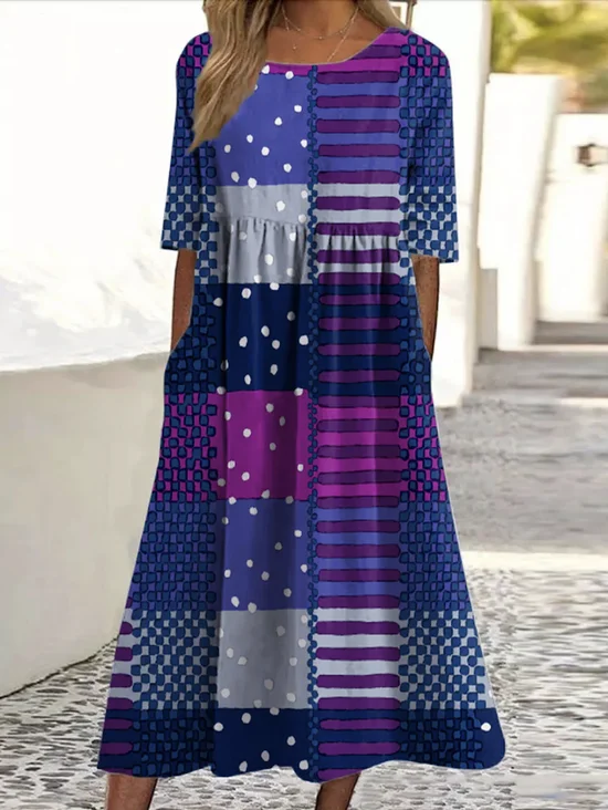 Women Geometric Crew Neck Short Sleeve Comfy Casual Maxi Dress