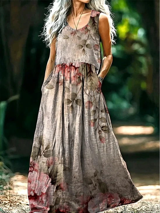 Women Floral V Neck Sleeveless Comfy Casual Maxi Dress
