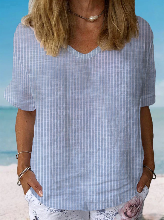 Crew Neck Short Sleeve Striped Regular Loose…