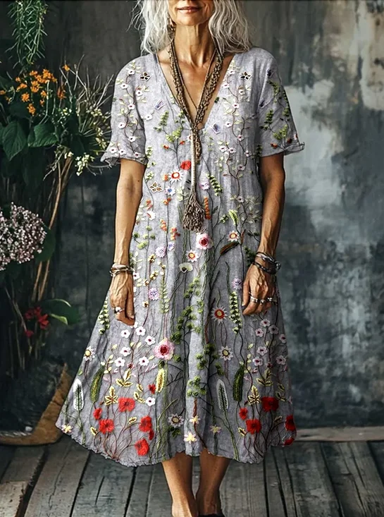 Women Floral V Neck Short Sleeve Comfy Casual Maxi Dress
