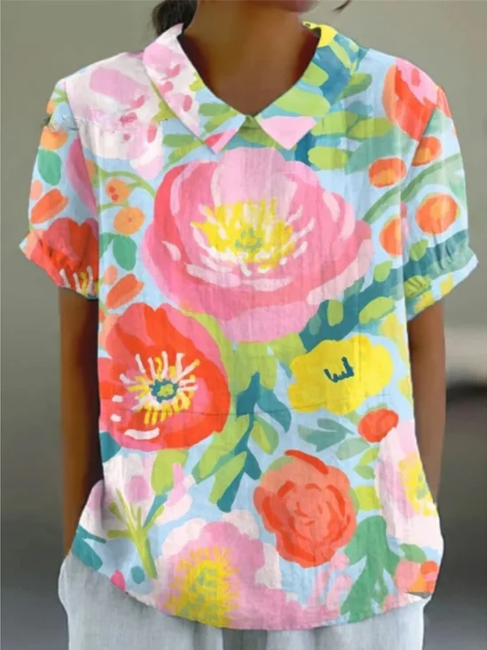 Women's Vintage Floral Art Print Casual Cotton And Linen Blouse For Women